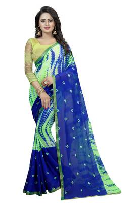 Blue Printed Chiffon Saree With Blouse 1