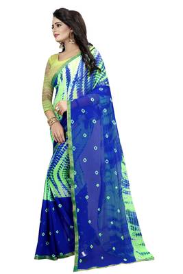 Blue Printed Chiffon Saree With Blouse 2