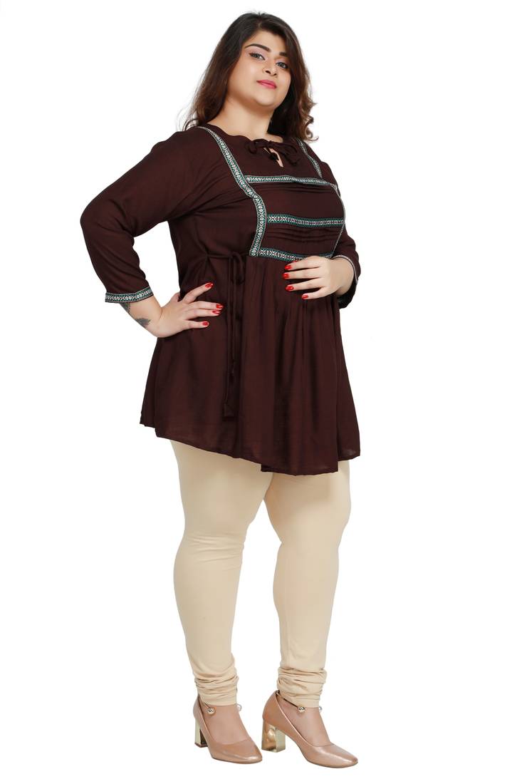 Kurtis India Rayon Slub Brown Lace patter Plus size Ladies top