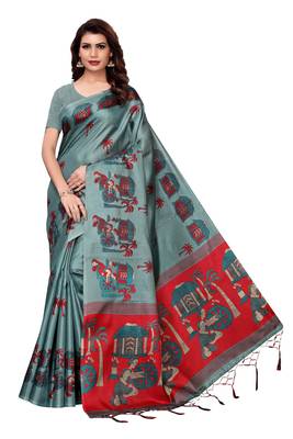 Green printed khadi saree with blouse 1