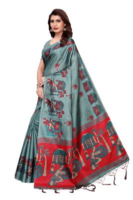 Green printed khadi saree with blouse 2
