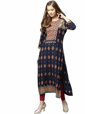 Dark-blue printed rayon party-wear-kurtis 1
