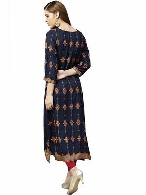 Dark-blue printed rayon party-wear-kurtis 2