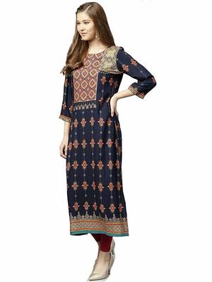 Dark-blue printed rayon party-wear-kurtis 3