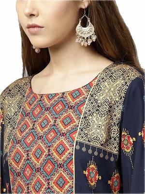 Dark-blue printed rayon party-wear-kurtis 4
