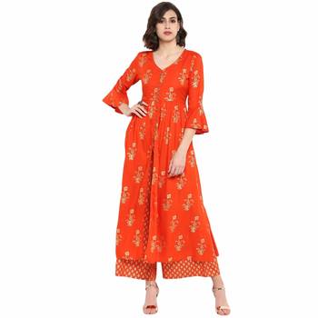 Orange printed rayon party-wear-kurtis 1