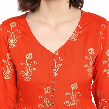 Orange printed rayon party-wear-kurtis 4