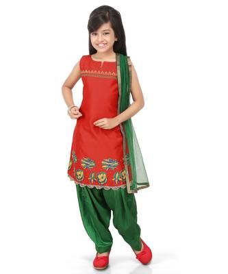 Red Dupion Printed Kurat Green Salwar Set 1