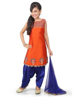 Orange Dupion Kurta Blue Santoon Printed Palazo Set 1