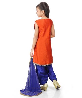 Orange Dupion Kurta Blue Santoon Printed Palazo Set 2