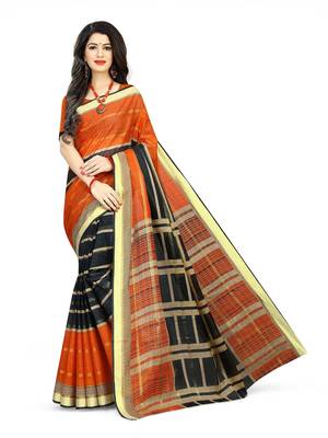 Orange printed cotton saree with blouse 1