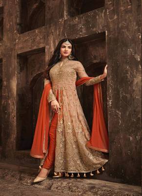 Orange Embroidered Net Anarkali Suits 1