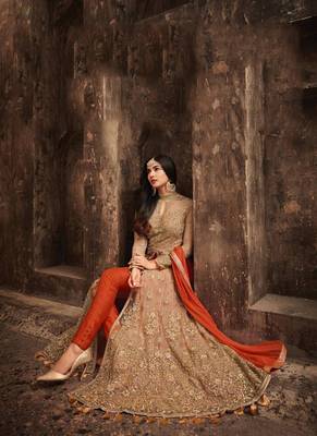 Orange Embroidered Net Anarkali Suits 2