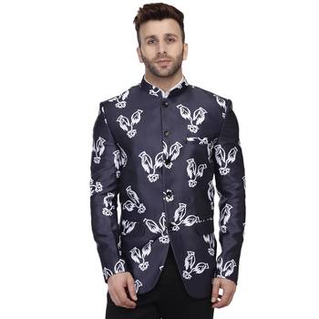 Blue Printed Satin Bandhgala Suit 1