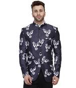 Blue Printed Satin Bandhgala Suit