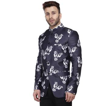 Blue Printed Satin Bandhgala Suit 2