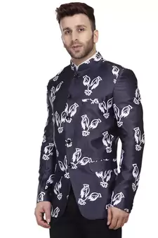 Blue Printed Satin Bandhgala Suit