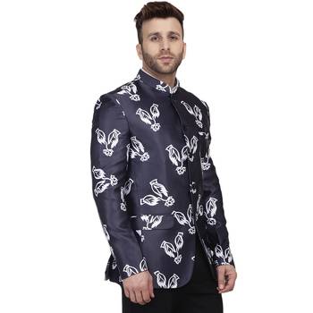 Blue Printed Satin Bandhgala Suit 3