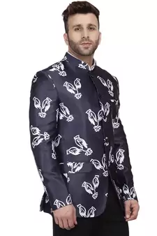 Blue Printed Satin Bandhgala Suit