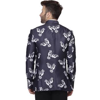 Blue Printed Satin Bandhgala Suit 4