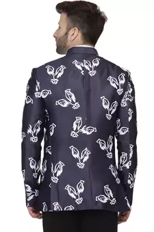 Blue Printed Satin Bandhgala Suit
