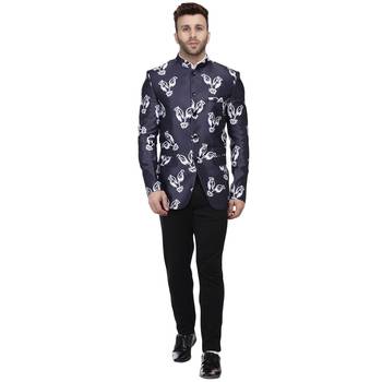 Blue Printed Satin Bandhgala Suit 5