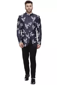 Blue Printed Satin Bandhgala Suit