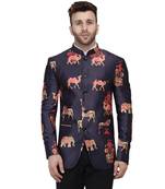 Blue Printed Satin Bandhgala Suit