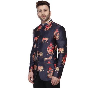 Blue Printed Satin Bandhgala Suit 2