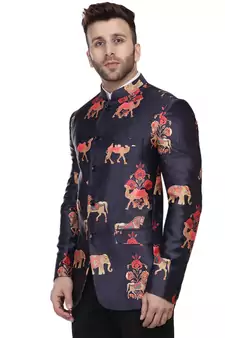 Blue Printed Satin Bandhgala Suit