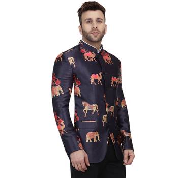 Blue Printed Satin Bandhgala Suit 3