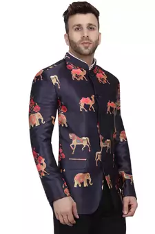 Blue Printed Satin Bandhgala Suit