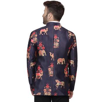 Blue Printed Satin Bandhgala Suit 4