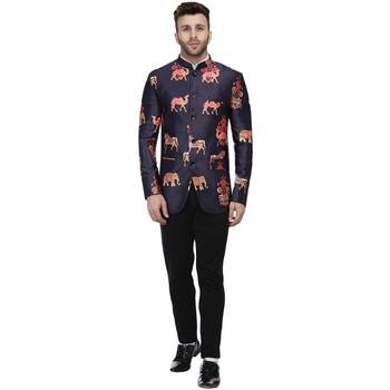 Blue Printed Satin Bandhgala Suit 5