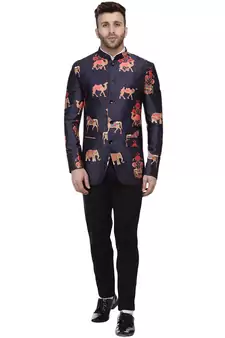 Blue Printed Satin Bandhgala Suit