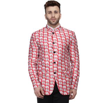Red Printed Satin Bandhgala Suit 1