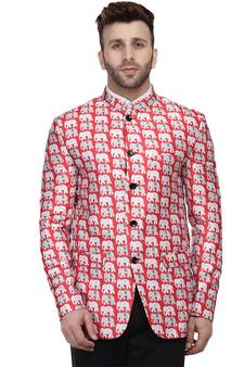 Red Printed Satin Bandhgala Suit