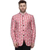 Red Printed Satin Bandhgala Suit