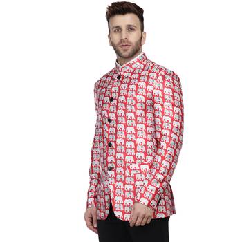 Red Printed Satin Bandhgala Suit 2