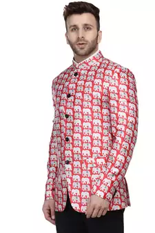 Red Printed Satin Bandhgala Suit