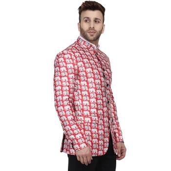 Red Printed Satin Bandhgala Suit 3