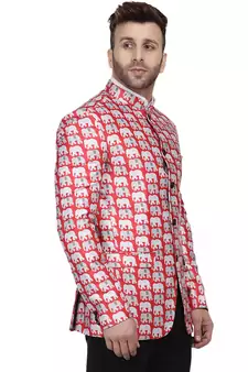 Red Printed Satin Bandhgala Suit