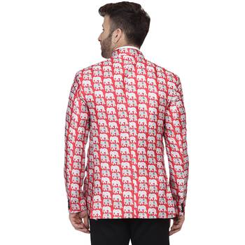 Red Printed Satin Bandhgala Suit 4