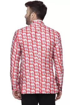 Red Printed Satin Bandhgala Suit
