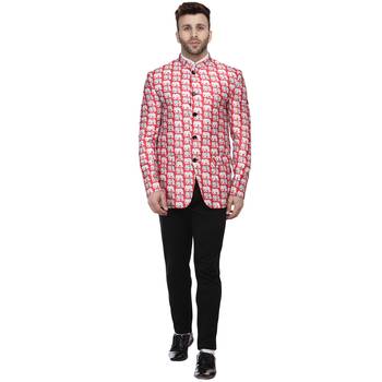 Red Printed Satin Bandhgala Suit 5