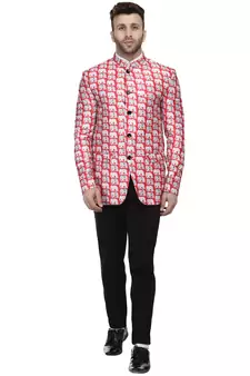 Red Printed Satin Bandhgala Suit