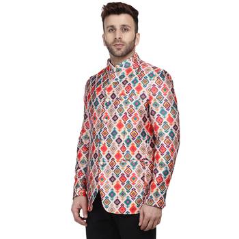 Multicolor Printed Satin Bandhgala Suit 2