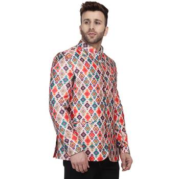 Multicolor Printed Satin Bandhgala Suit 3