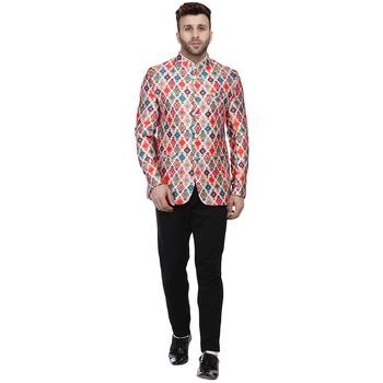 Multicolor Printed Satin Bandhgala Suit 5