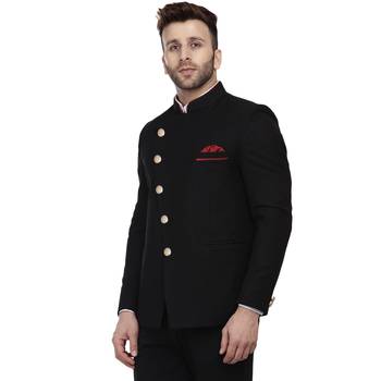Black Plain Cotton Poly Bandhgala Suit 2